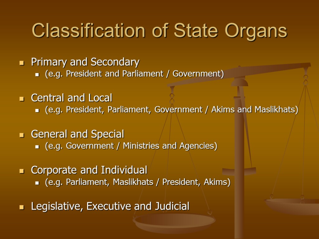 Classification of State Organs Primary and Secondary (e.g. President and Parliament / Government) Central